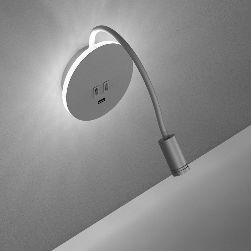 LED Elastīgs wall maza lampa ar USB BASE 1xLED/8W+1xLED/2W/230V balta/sudraba