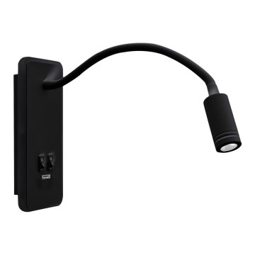 LED Elastīgs wall maza lampa ar USB BASE 1xLED/8W+1xLED/2W/230V melna