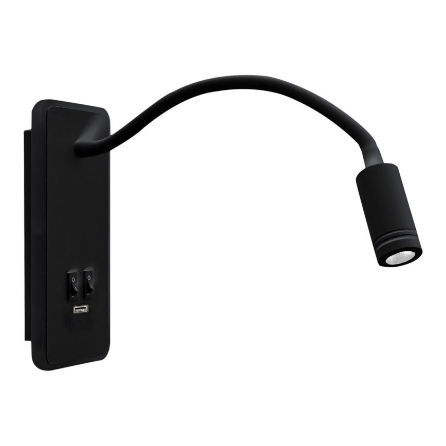 LED Elastīgs wall maza lampa ar USB BASE 1xLED/8W+1xLED/2W/230V melna