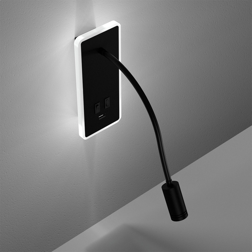 LED Elastīgs wall maza lampa ar USB BASE 1xLED/8W+1xLED/2W/230V melna