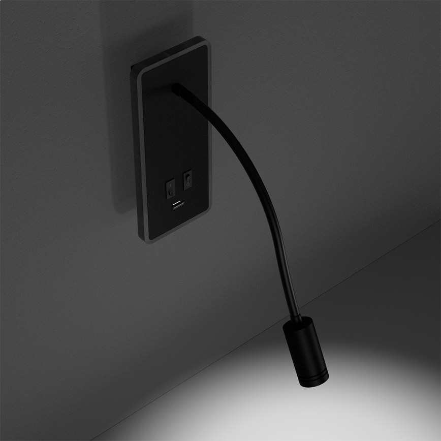 LED Elastīgs wall maza lampa ar USB BASE 1xLED/8W+1xLED/2W/230V melna