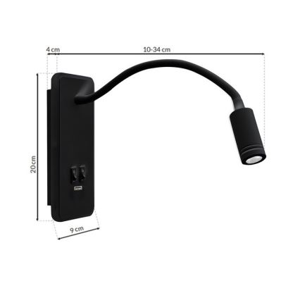 LED Elastīgs wall maza lampa ar USB BASE 1xLED/8W+1xLED/2W/230V melna
