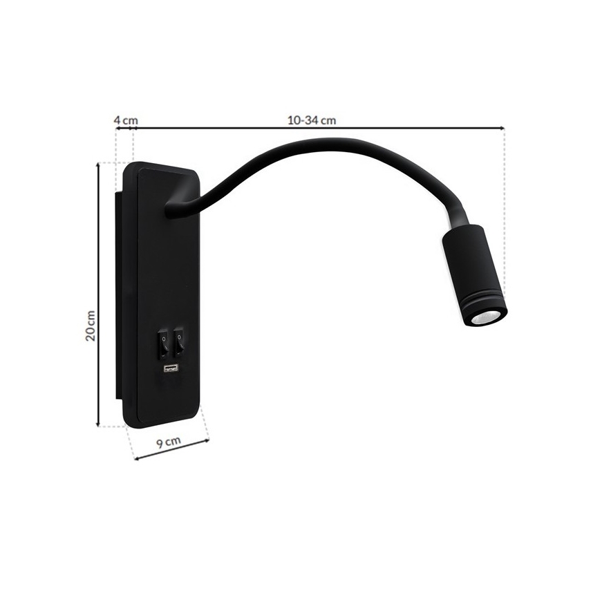 LED Elastīgs wall maza lampa ar USB BASE 1xLED/8W+1xLED/2W/230V melna