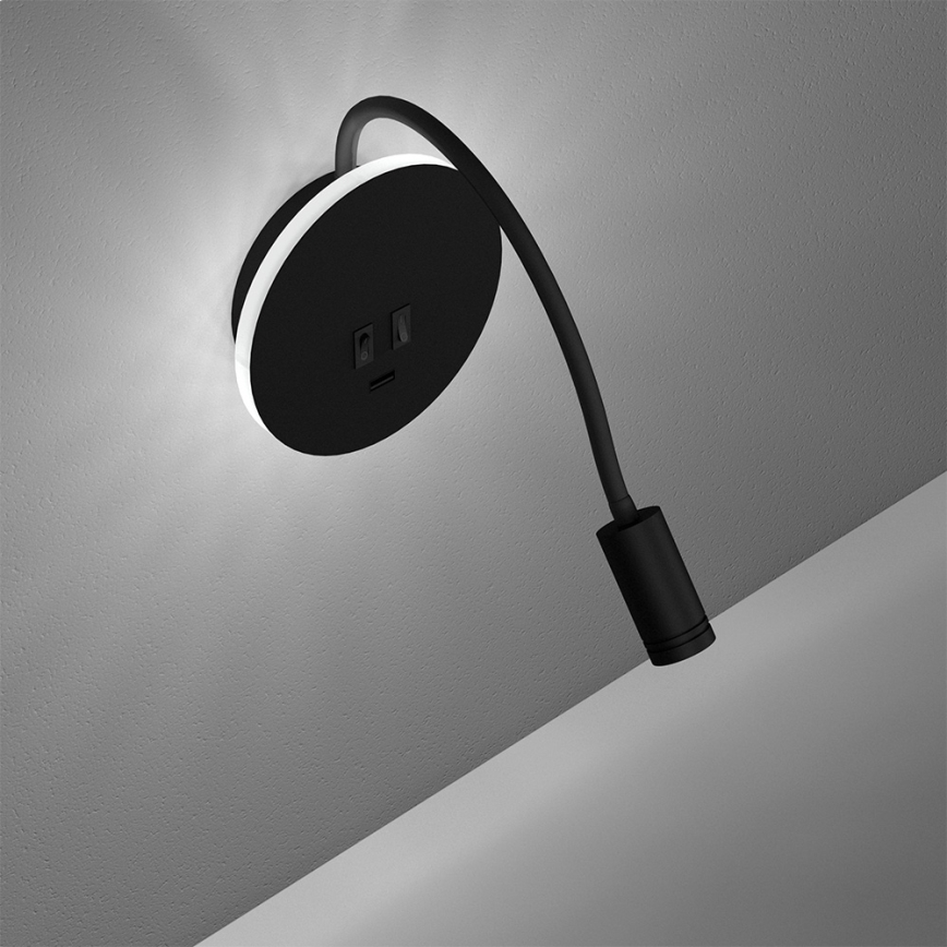 LED Elastīgs wall maza lampa BASE 1xLED/8W+1xLED/2W/230V melna/sudraba