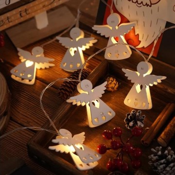LED gaismas virtene, 10 LED, 2x AA, silti balta, 2 m, ar eņģeļiem