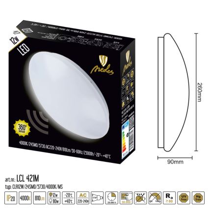 LED griestu lampa ar sensoru LED/12W/230V 4000K