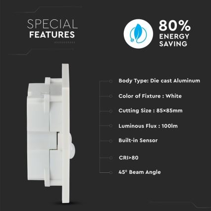LED kāpņu gaismeklis ar kustības sensoru LED/3W/230V 4000K balts