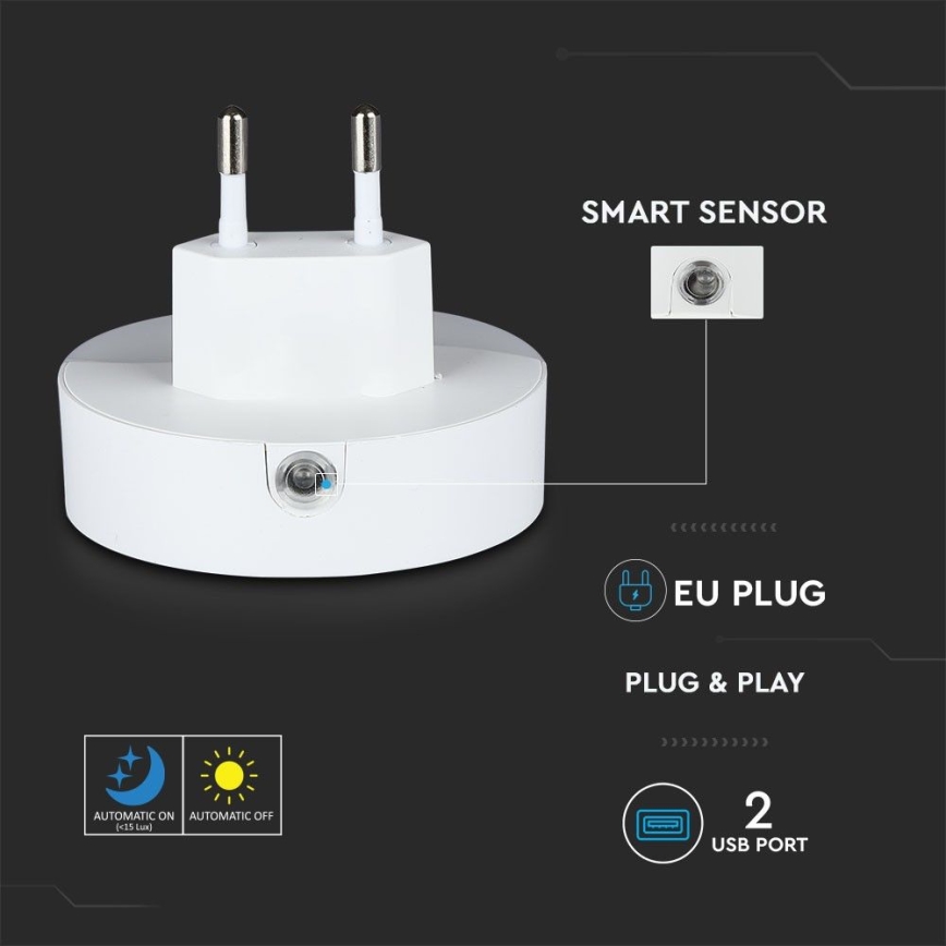 LED Kontaktligzdas nakts lampa ar krēslas sensoru 2xUSB LED/0,45W/230V 3000K