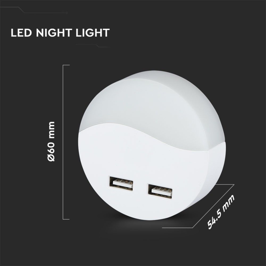 LED Kontaktligzdas nakts lampa ar krēslas sensoru 2xUSB LED/0,45W/230V 3000K