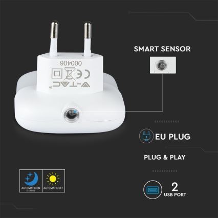 LED Kontaktligzdas nakts lampa ar krēslas sensoru 2xUSB LED/0,45W/230V 3000K