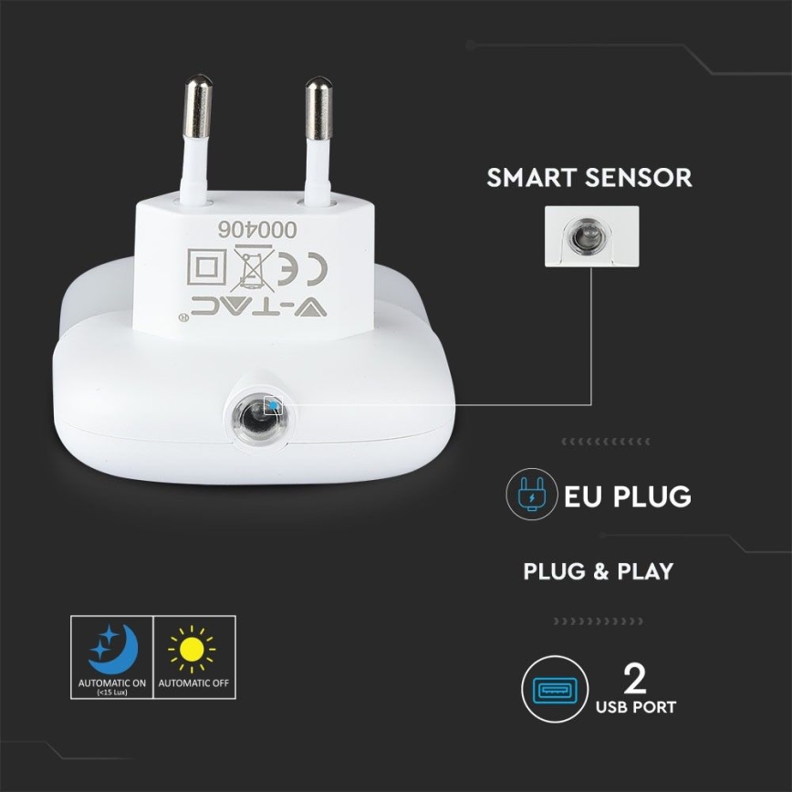 LED Kontaktligzdas nakts lampa ar krēslas sensoru 2xUSB LED/0,45W/230V 3000K