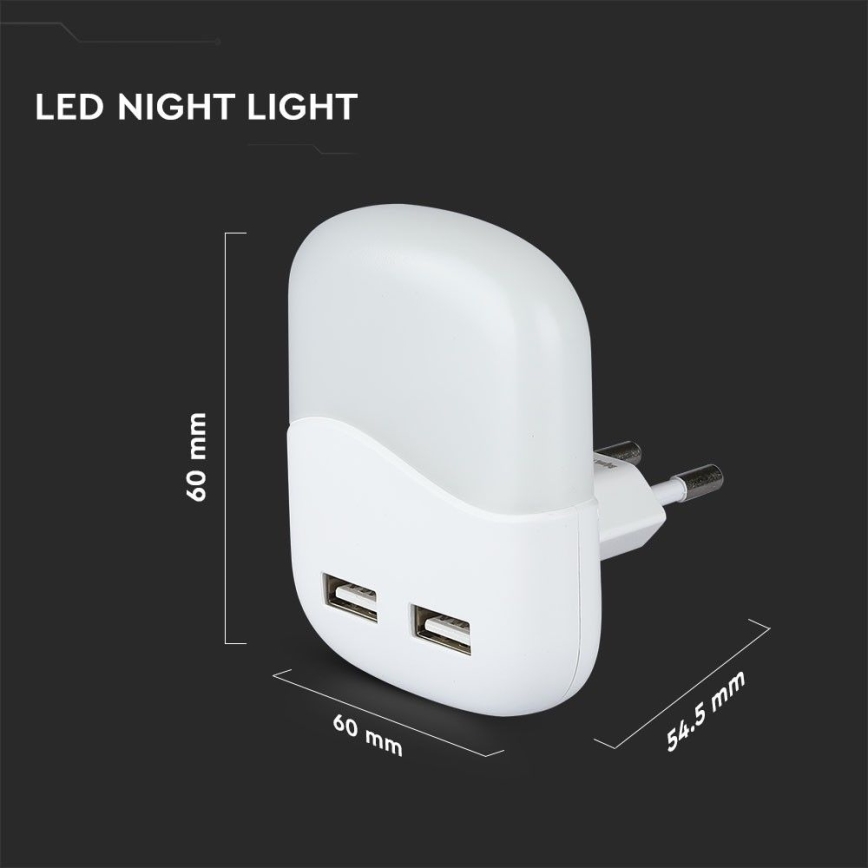 LED Kontaktligzdas nakts lampa ar krēslas sensoru 2xUSB LED/0,45W/230V 3000K