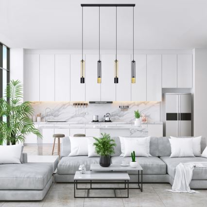 LED Lustra ar auklu BARS 4xGU10/4,8W/230V melna/zeltaina