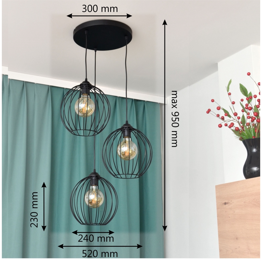 LED Lustra ar auklu MERCURE 3xE27/15W/230V ø 50 cm melna