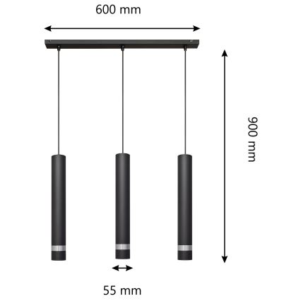 LED Lustra ar auklu TUBA 3xGU10/4,8W/230V melna/spīdīgi hromēts