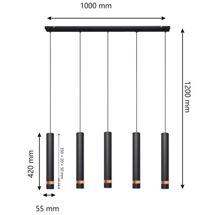 LED Lustra ar auklu TUBA 5xGU10/6,5W/230V melna/vara