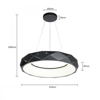 LED lustra ar trosi REUS LED/36W/230V 4000K Ø61 cm melna