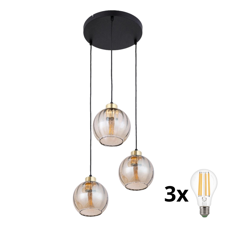 LED lustra uz troses DEVI 3xE27/15W/230V melna/dūmakaini bēša