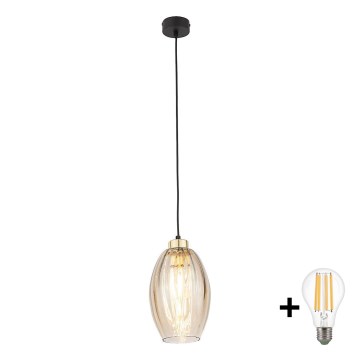 LED lustra uz troses SEBO 1xE27/15W/230V melna/dūmakaina bēša