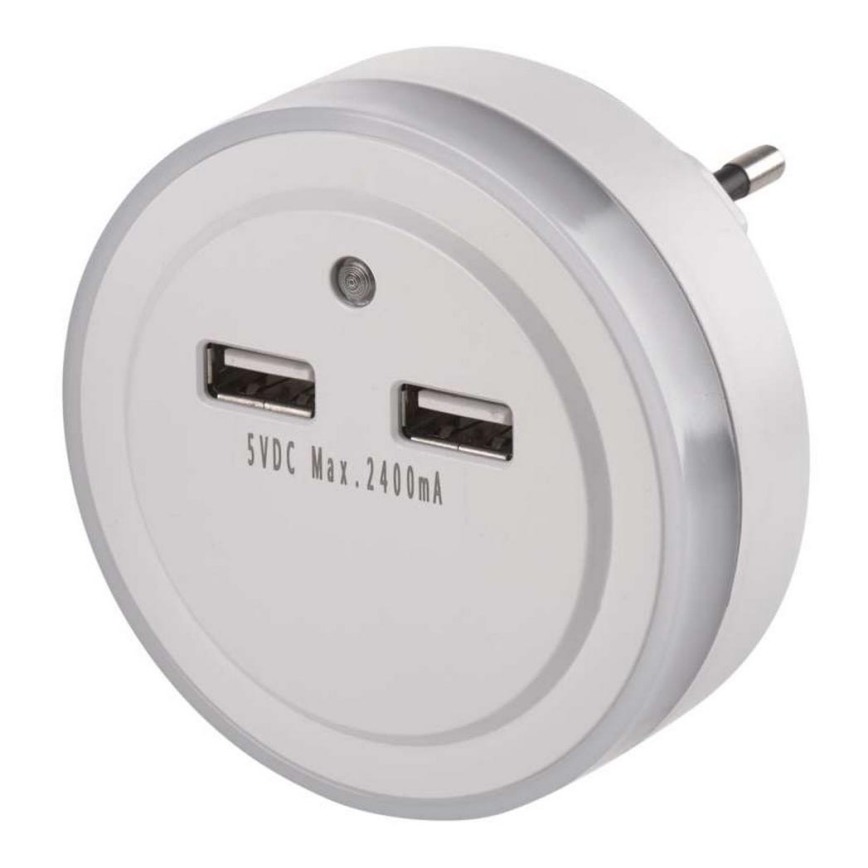 LED nakts gaismeklis kontaktligzdai ar fotosensoru+2xUSB 3xLED/0,3W/230V