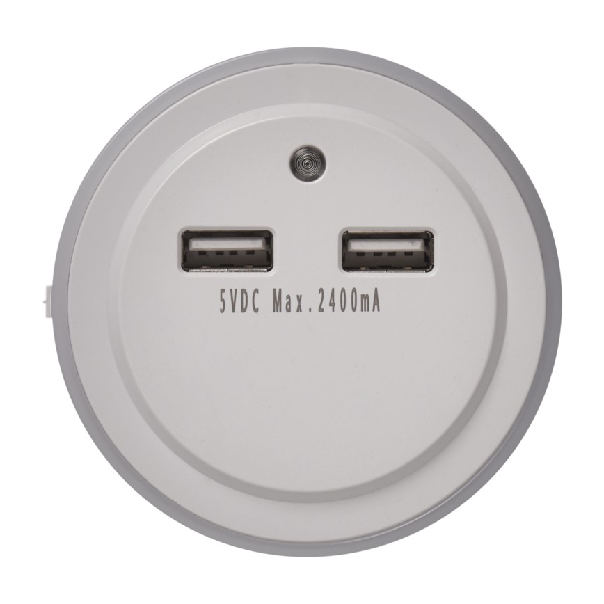 LED nakts gaismeklis kontaktligzdai ar fotosensoru+2xUSB 3xLED/0,3W/230V