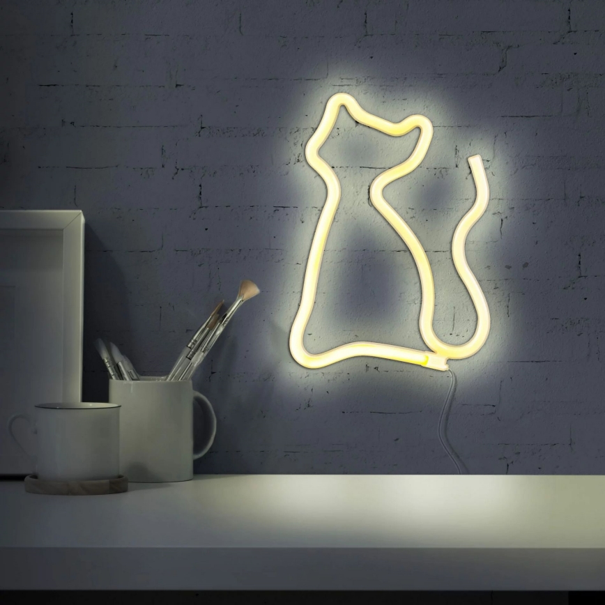 LED Neona sienas dekors CAT LED/3W/3xAA USB dzeltena
