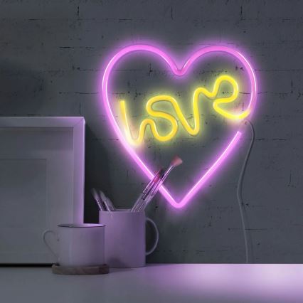 LED Neona sienas dekors LOVE LED/3W/3xAA USB rozā
