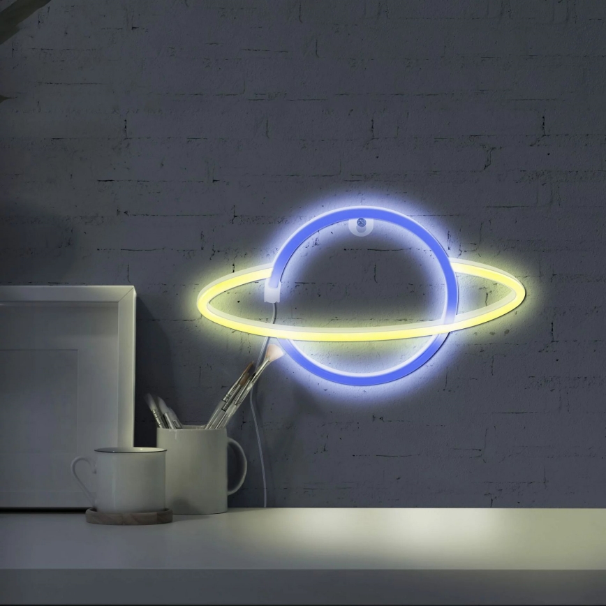 LED Neona sienas dekors PLANET LED/3W/3xAA USB zila/dzeltena