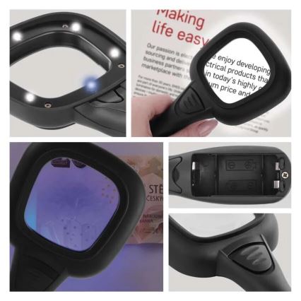 LED Pārvietojama kontaktligzdas lampa 2,5xZOOM ar fona apgaismojumu un UV lampa LED/UV/2xAAA