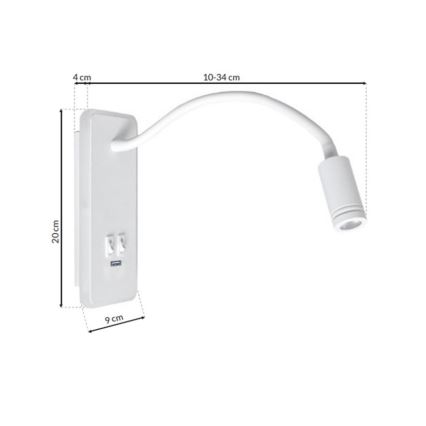 LED Pielāgojama sienas lampiņa ar USB BASE 1xLED/8W+1xLED/2W/230V balta