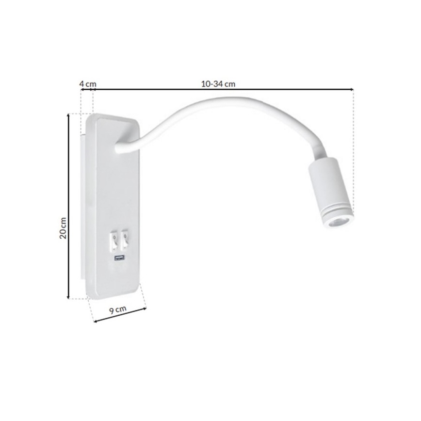 LED Pielāgojama sienas lampiņa ar USB BASE 1xLED/8W+1xLED/2W/230V balta
