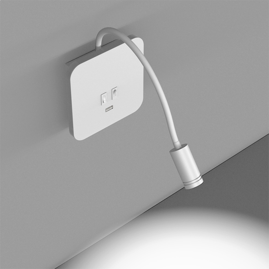 LED Pielāgojama sienas lampiņa ar USB BASE 1xLED/8W + 1xLED/2W/230V balta
