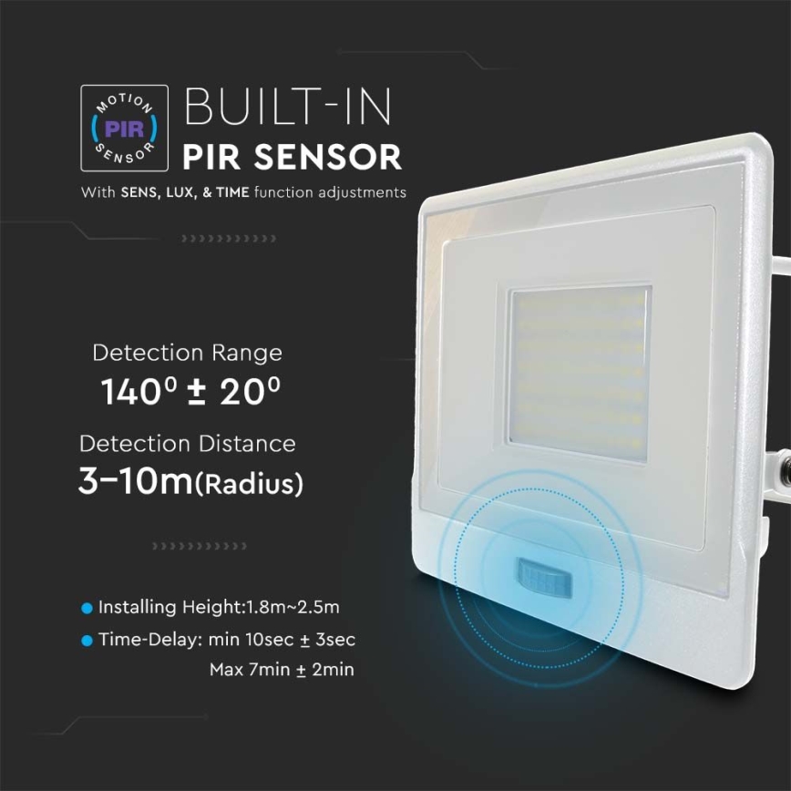 LED Prožektors ar sensoru LED/50W/230V 6500K IP65 balta