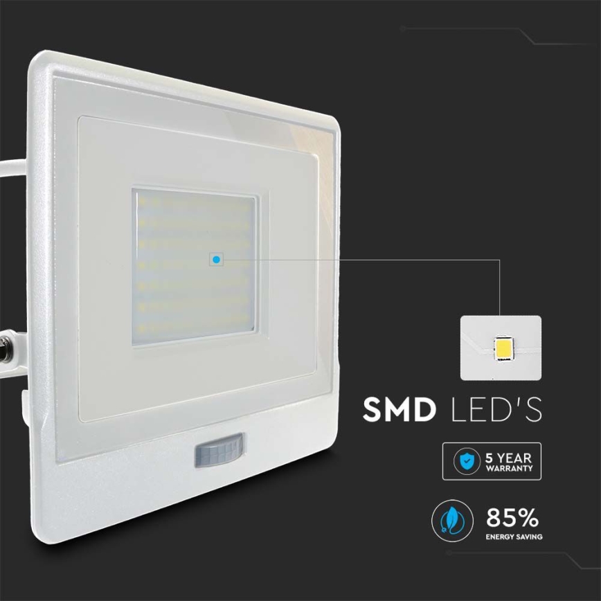LED Prožektors ar sensoru LED/50W/230V 6500K IP65 balta