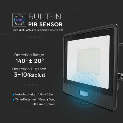 LED Prožektors ar sensoru LED/50W/230V 6500K IP65 melna