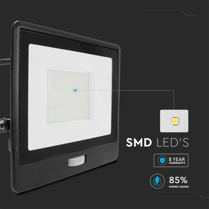 LED Prožektors ar sensoru LED/50W/230V 6500K IP65 melna