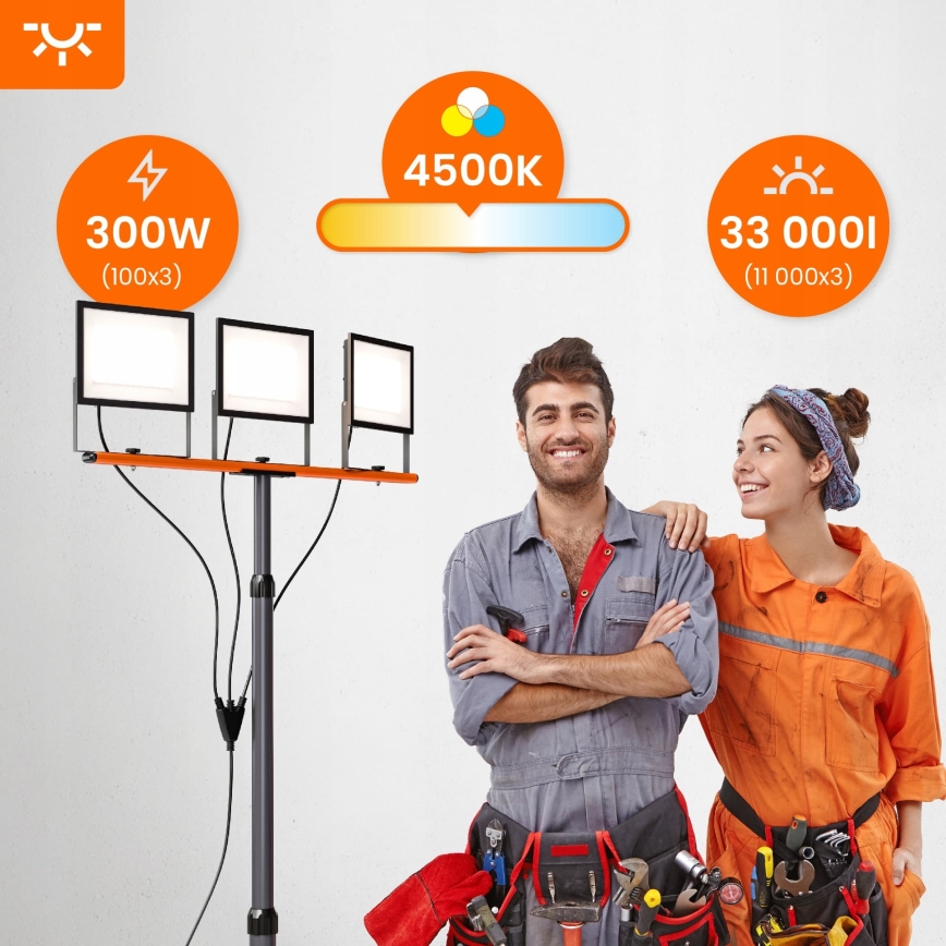 LED prožektors ar statīvu 3xLED/100W/230V 4500K IP65 melns/oranžs