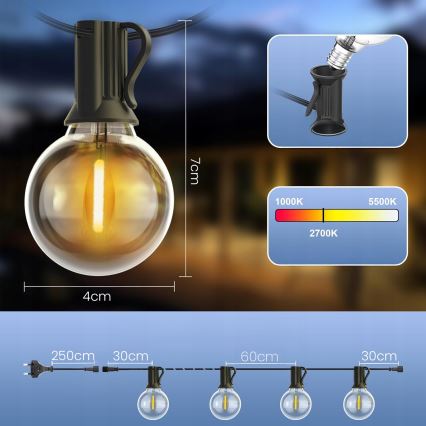 LED regulējama āra dekoratīvā virtene 25xE12/1W/24/230V 17,5 m IP65 melna + tālvadība