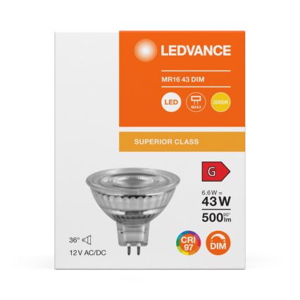 LED aptumšojama reflektora spuldze MR16 GU5,3/6,6W/12V 3000K 36° CRI 97 - Ledvance