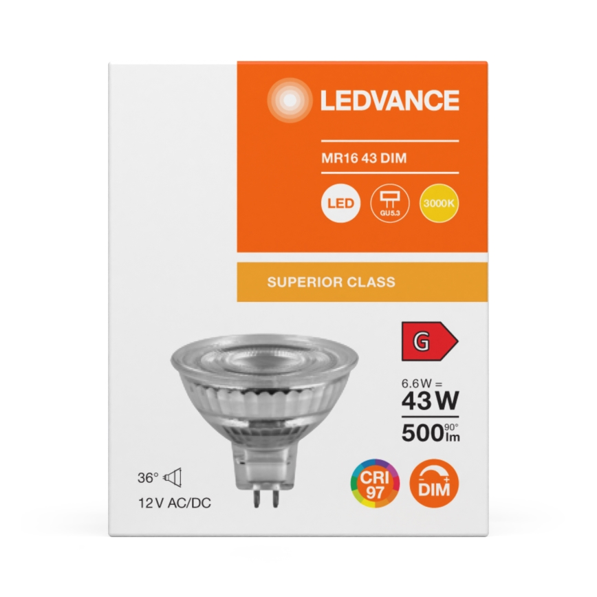 LED aptumšojama reflektora spuldze MR16 GU5,3/6,6W/12V 3000K 36° CRI 97 - Ledvance