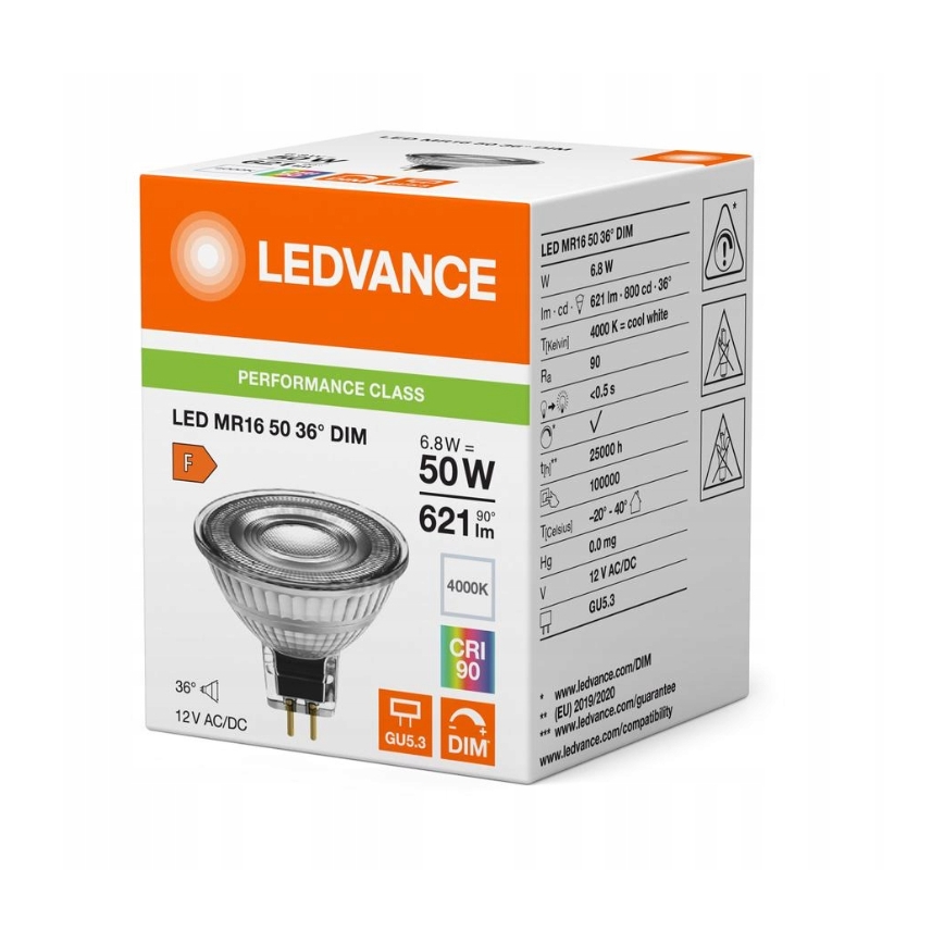 LED regulējamā reflektora spuldze MR16 GU5,3/6,8W/12V 4000K 36° CRI 90 - Ledvance