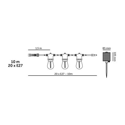 LED saules dekoratīvā virtene ar regulējamu spilgtumu STARLIGHT NEO 20xE27/3,7V 2700K IP54 1200 mAh 11,5m + tālvadības pults