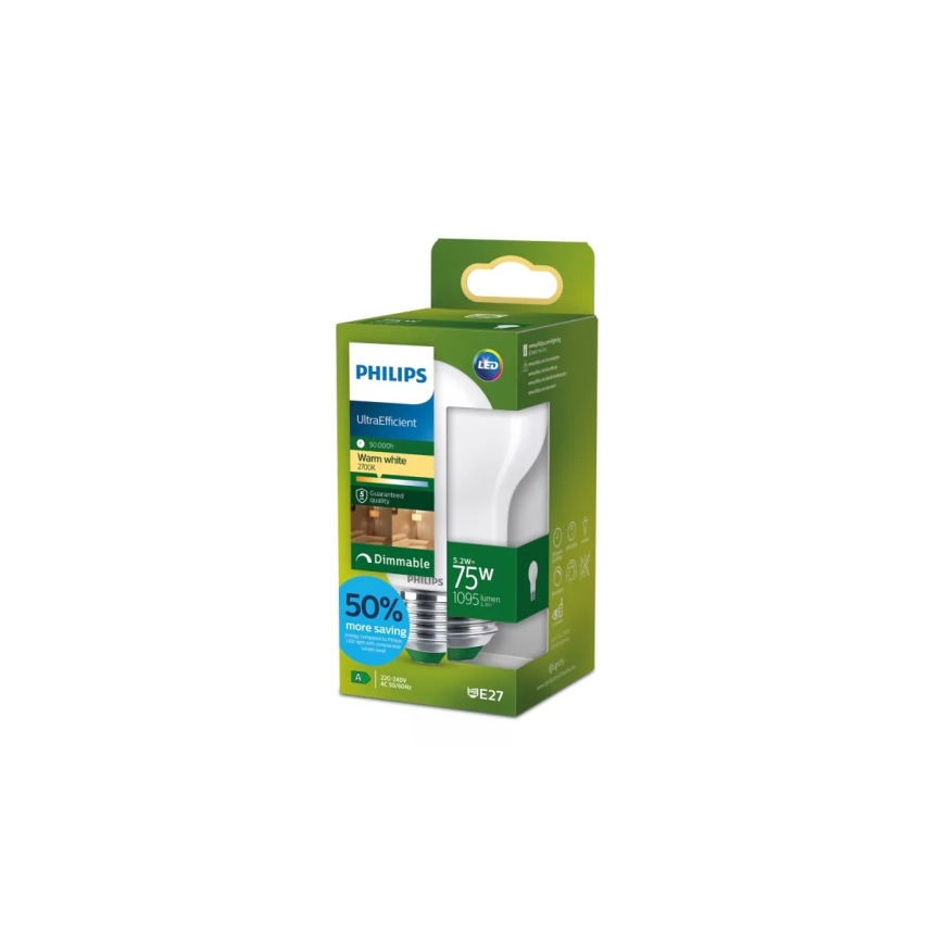 LED regulējama spuldze ULTRAEFFICIENT Philips A60 E27/5,2W/230V 2700K