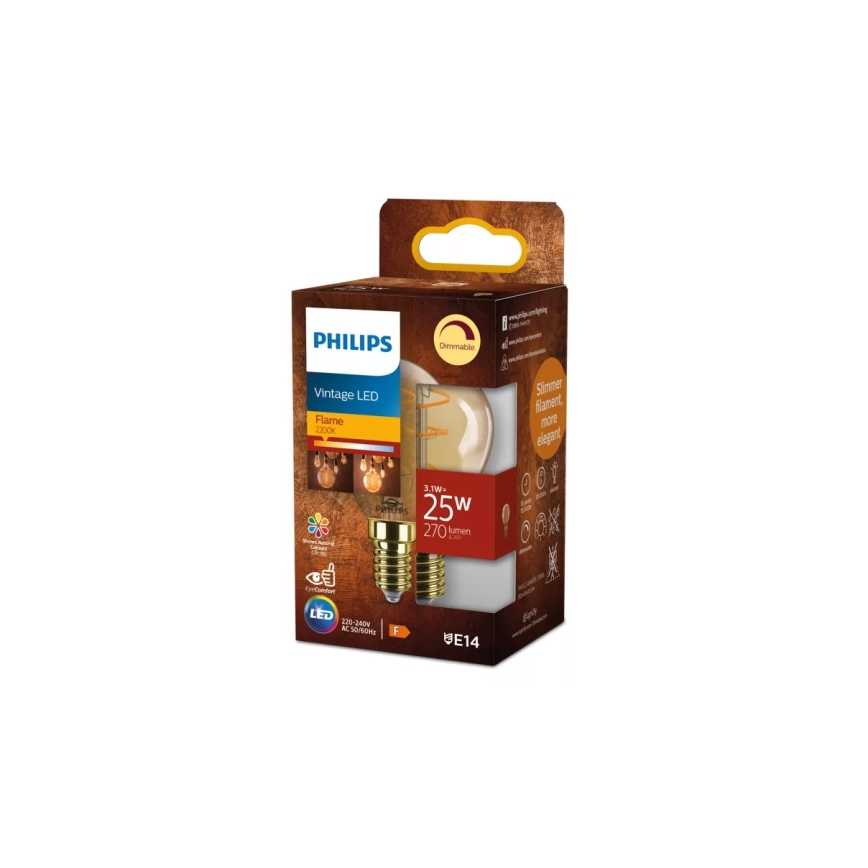 LED regulējamā spuldze VINTAGE Philips P45 E14/3,1W/230V 2200K