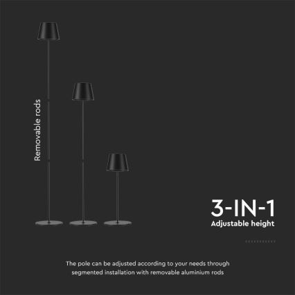 LED regulējama uzlādes grīdas lampa 3in1 LED/4W/5V 4400 mAh 3000K IP54 melna
