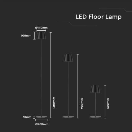 LED regulējama uzlādes grīdas lampa 3in1 LED/4W/5V 4400 mAh 3000K IP54 melna