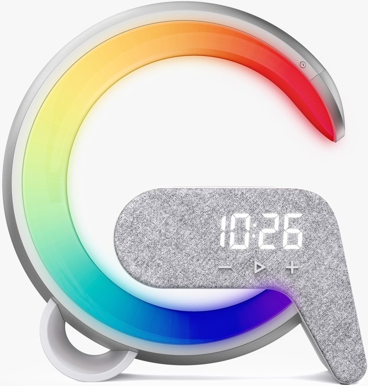LED RGB Aptumšojama galda lampa ar modinātāja pulkstenis un Qi lādētāju 30W/230V sudraba