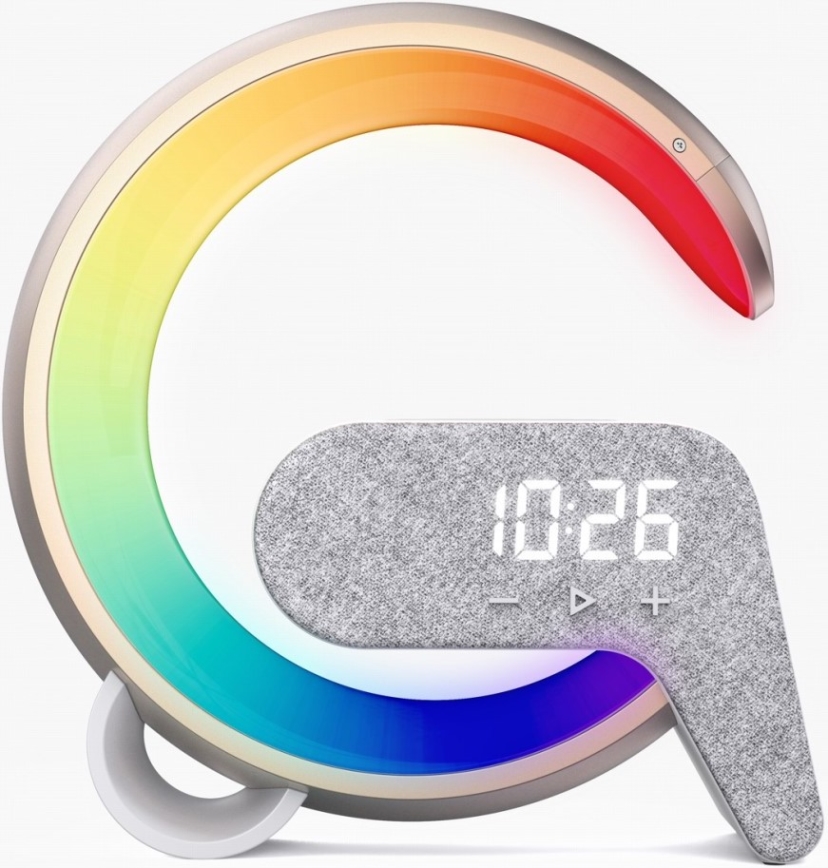 LED RGB Aptumšojama galda lampa ar modinātāja pulkstenis un Qi lādētāju 30W/230V zelta