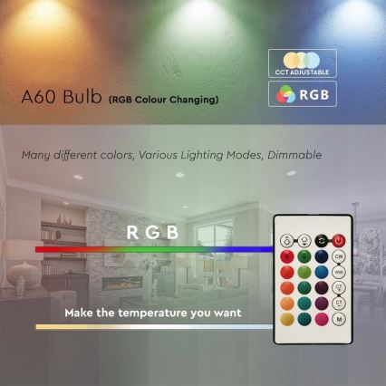 LED RGB Aptumšojama spuldze A60 E27/8,5W/230V 4000K + tālvadības pults