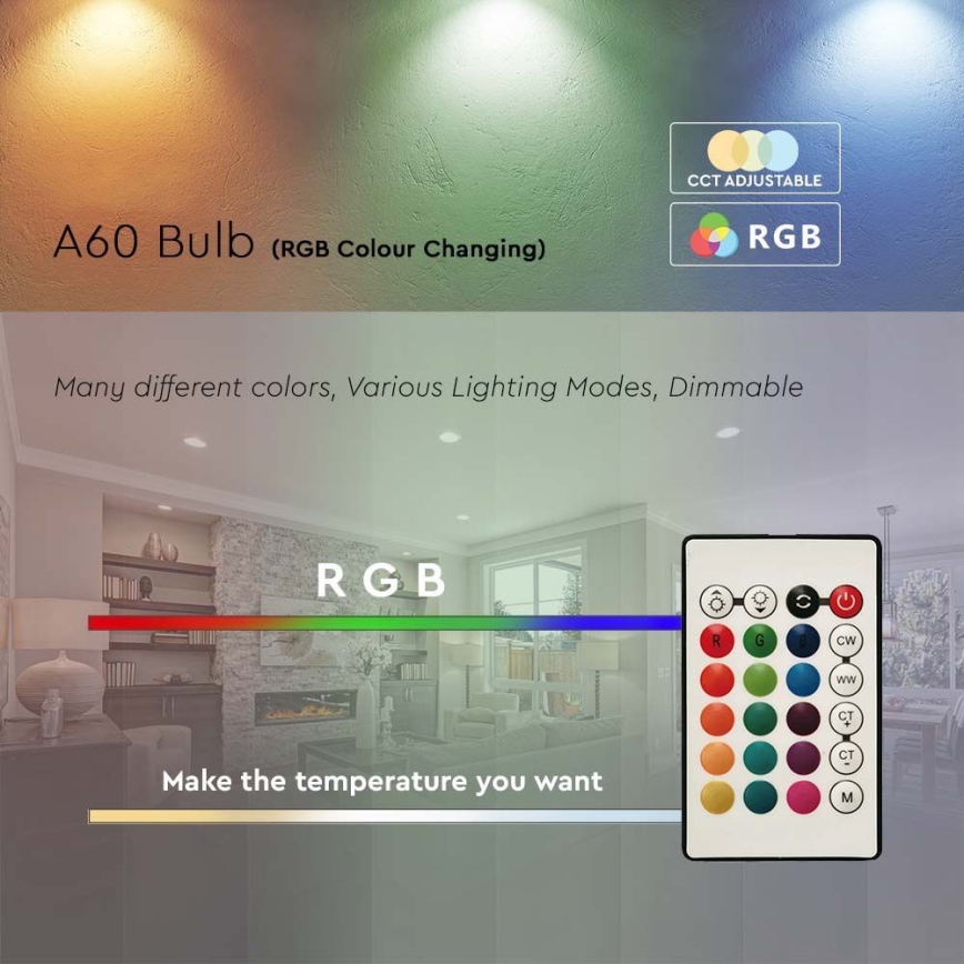 LED RGB Aptumšojama spuldze A60 E27/8,5W/230V 4000K + tālvadības pults